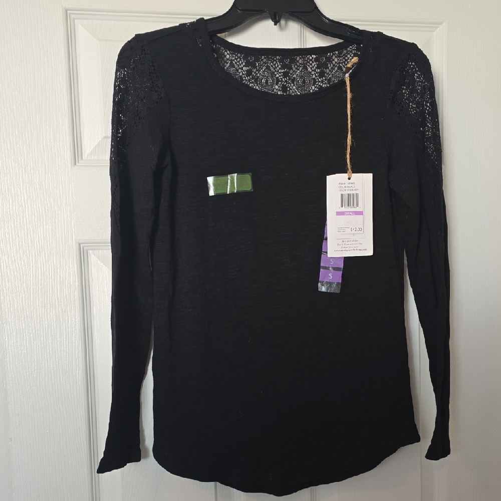 Earth Yoga Black Fitted Embellished Long Sleeve Blouse